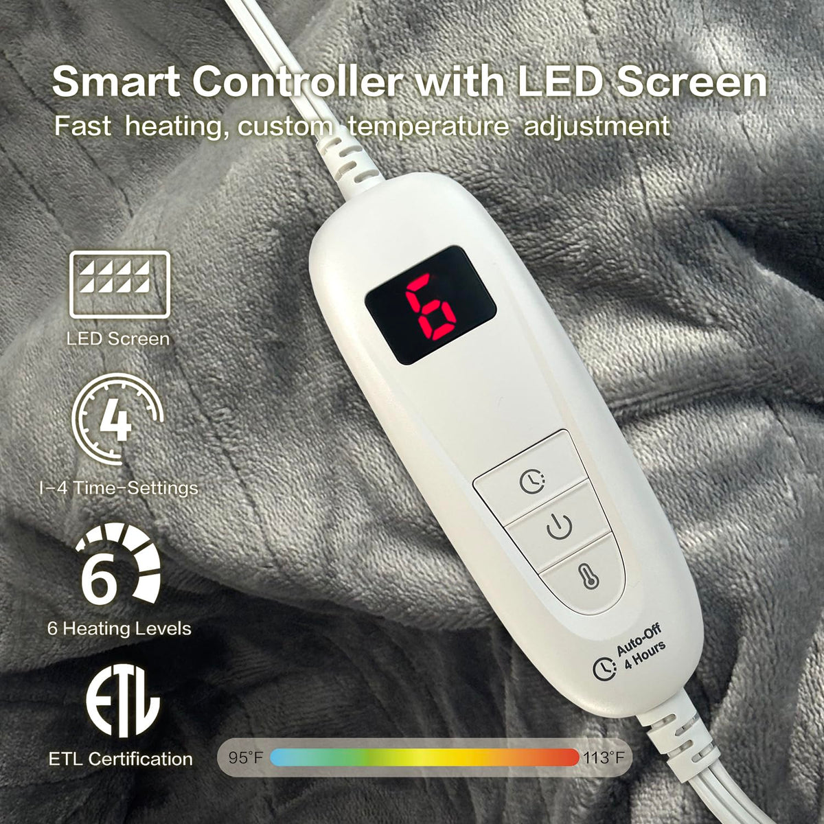 Tefici heated blanket throw shows 6 heat settings for customizable comfort
