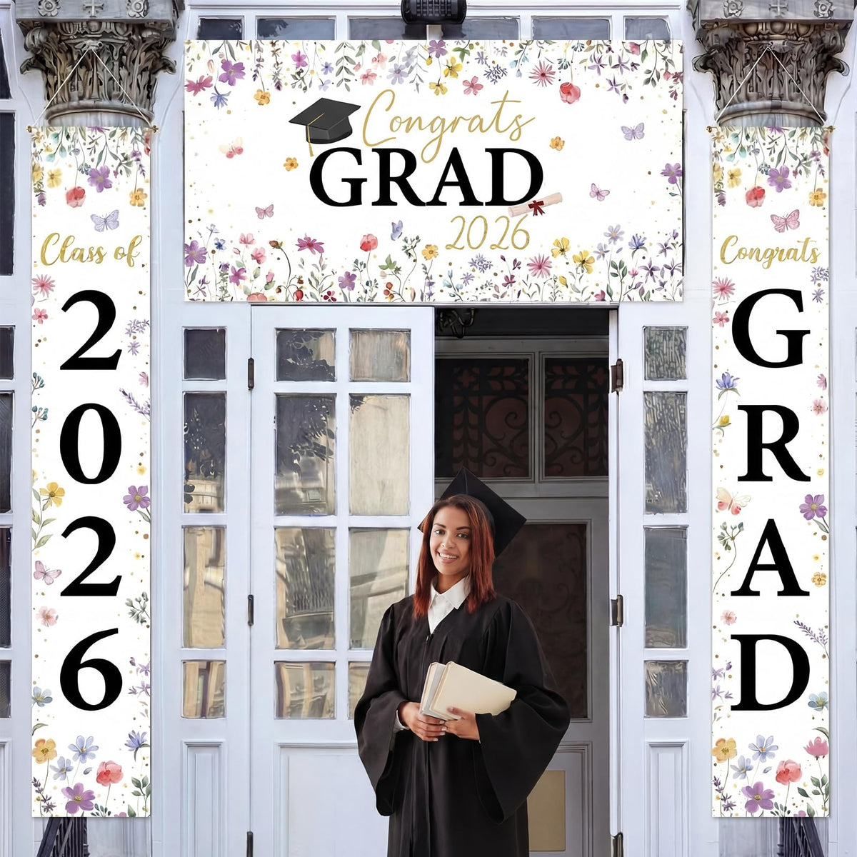 Tegeme Congrats Grad banner in pink and gold for festive signage