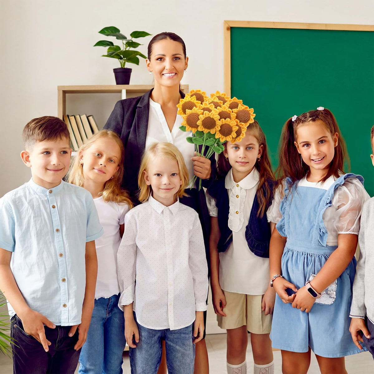 Tegeme sunflower desk decor shown in home or classroom setting.