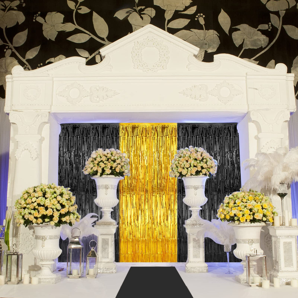 Tegeme doorway setup with black runner and gold curtains for entrances