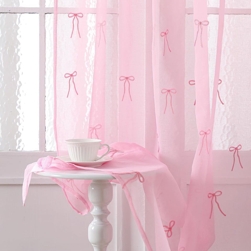 Tegeme pink bow sheer curtains 52x84 with soft drape for bright rooms