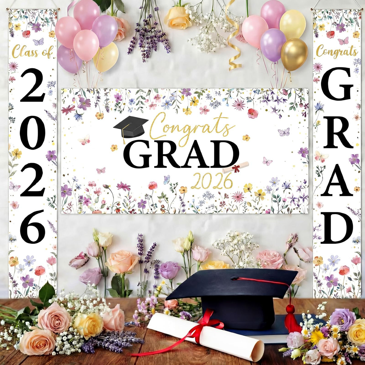 Tegeme wildflowers graduation backdrop 36x70 inches for photo moments
