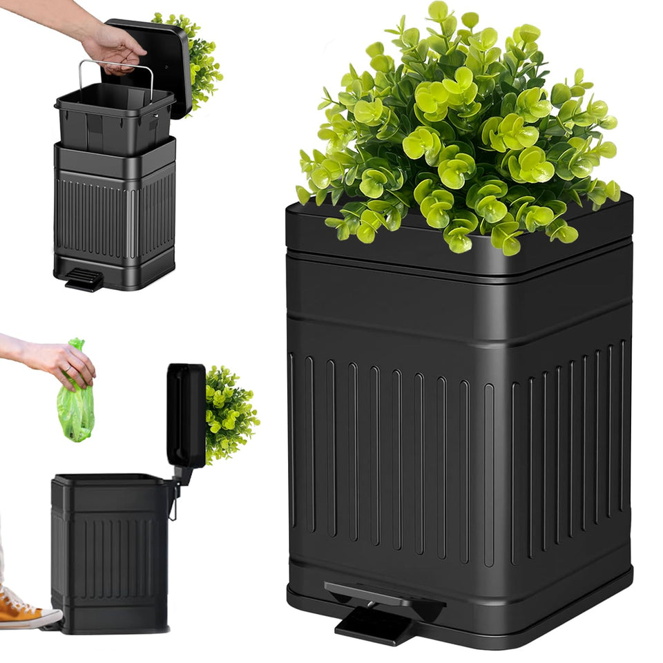 Tegneo small trash can with lid shows plant-style exterior suitable for outdoor spaces and pet waste use.