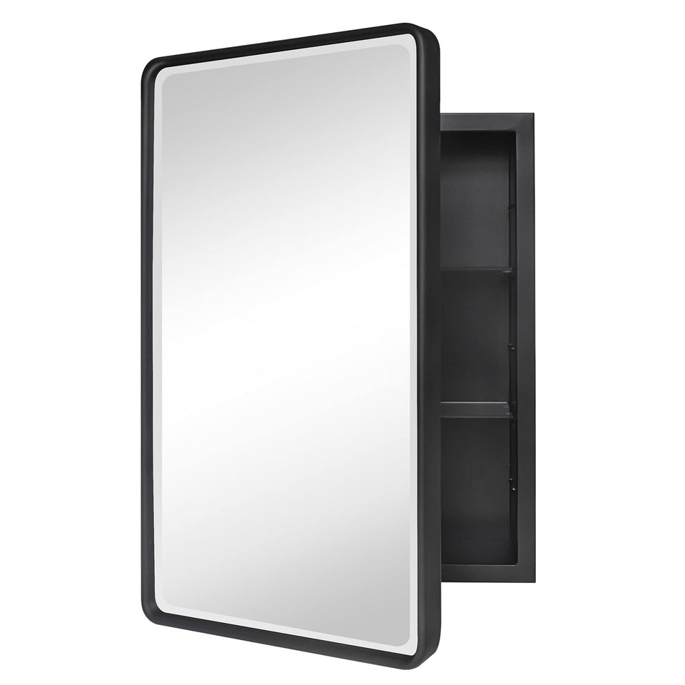 TEHOME Farmhouse black metal framed cabinet front with beveled mirror for sturdy bathroom style.