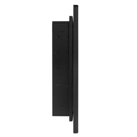 Tempered glass shelves are adjustable to customize bathroom storage.