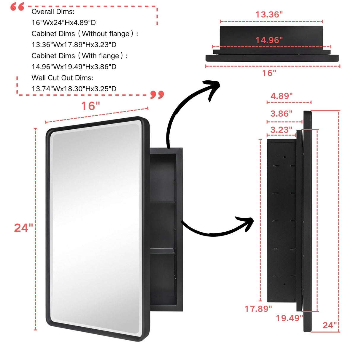 Wall cutout dimensions for precise recessed installation compatibility.