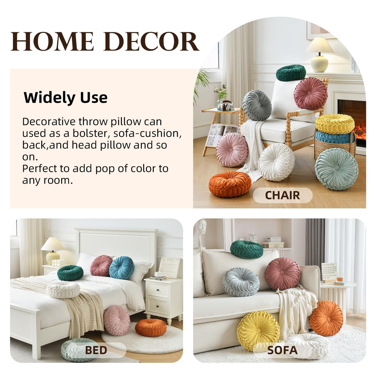 Teieas olive round pillow in a bedroom setup adds color and texture