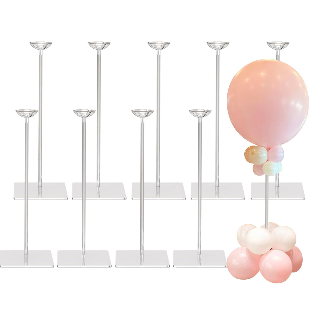 TEKXYZ clear acrylic balloon stand assembly on a table showing quick setup