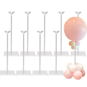 TEKXYZ clear acrylic balloon stand assembly on a table showing quick setup