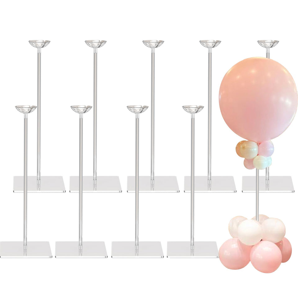 TEKXYZ clear acrylic balloon stand assembly on a table showing quick setup