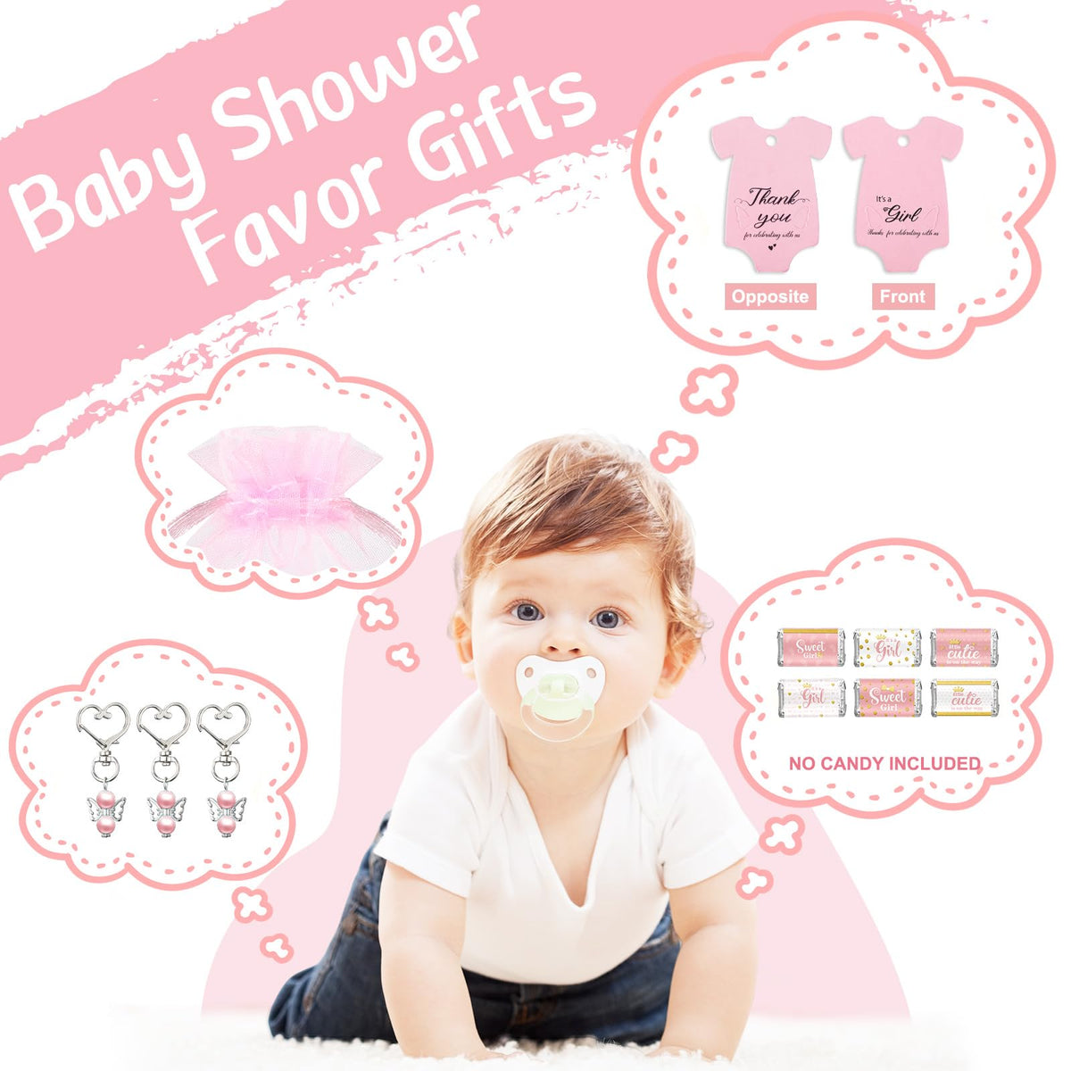 Teling pink organza gift bag enhances delicate baby shower gifting.