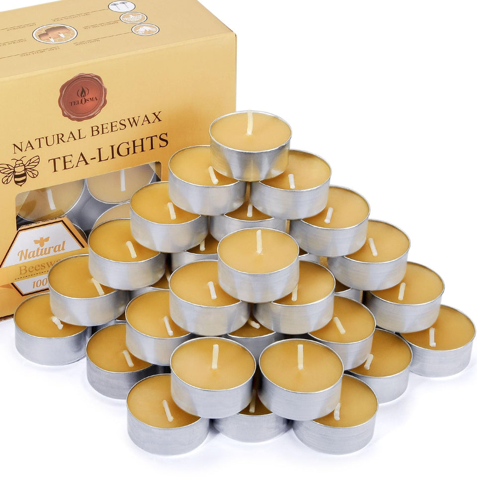 TELOSMA beeswax tea candle in aluminum cup for a clean, smokeless burn.