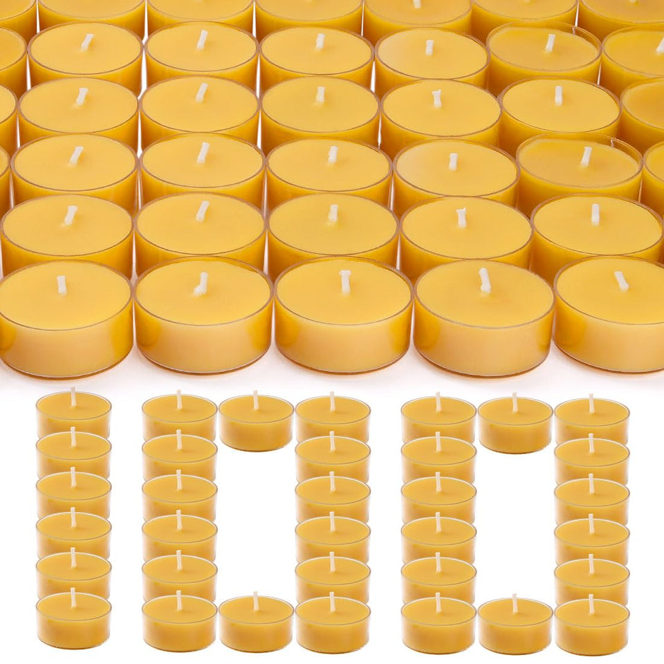 TELOSMA beeswax tealight pack with 100-count unscented candles for clean burning.