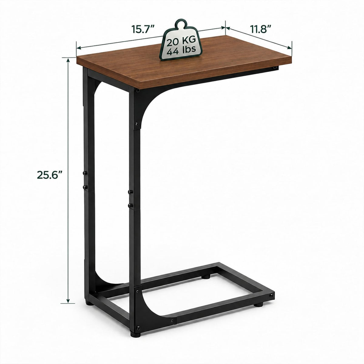 TEMI C-shaped end table used as a convenient dining tray beside the couch.