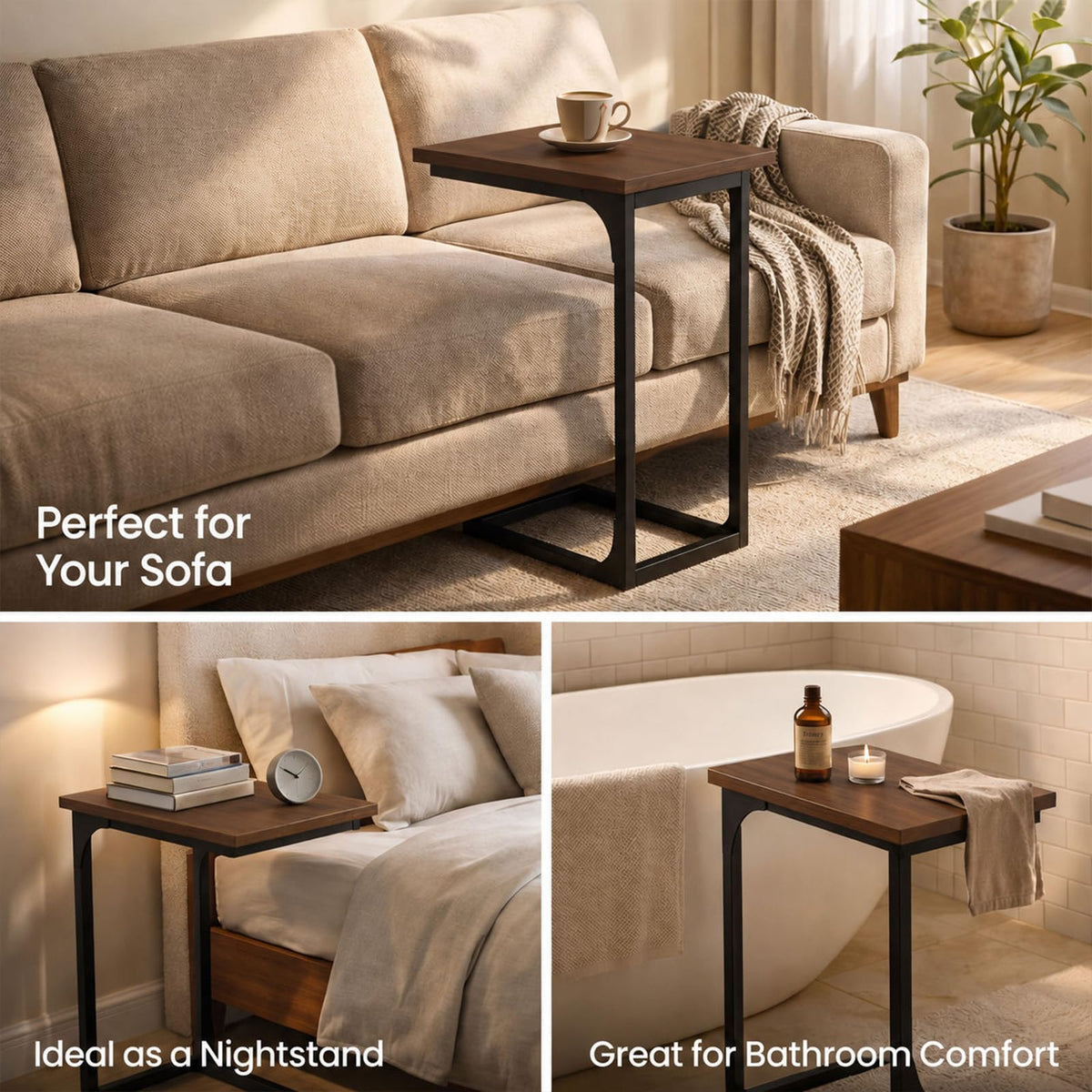 TEMI C-shaped end table offers multiple uses like laptop desk or breakfast tray.