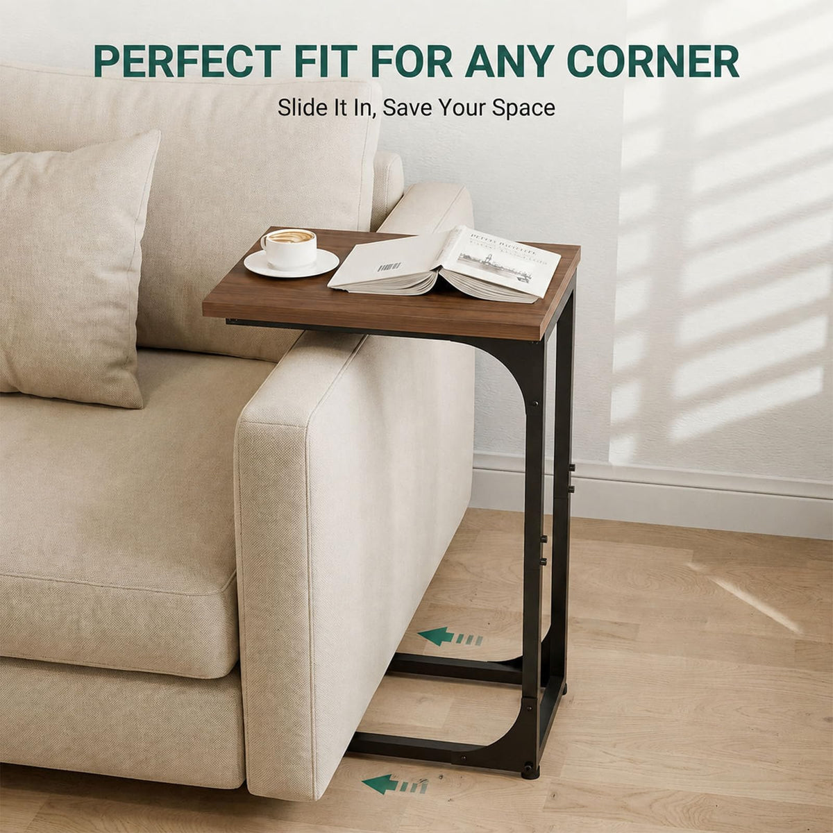 Rustic walnut top on TEMI C-shaped end table adds warmth and everyday durability.