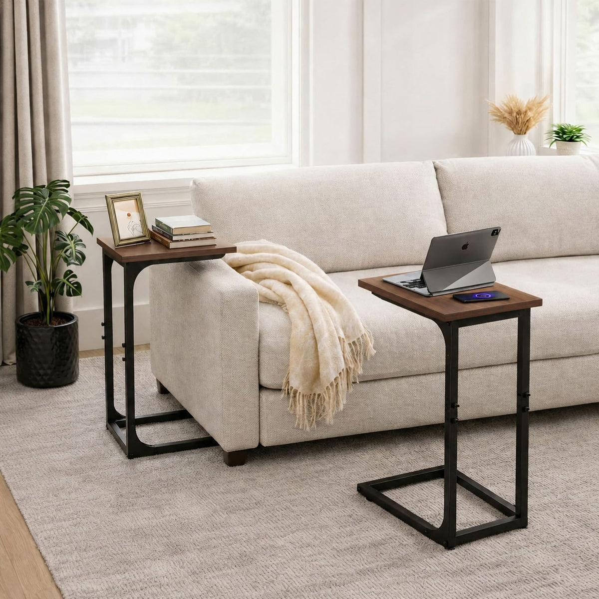Sturdy steel frame on TEMI C-shaped end table provides stable support beside seating.
