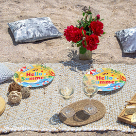 Temicle Hello Summer 9x11 plates on a table during a backyard BBQ