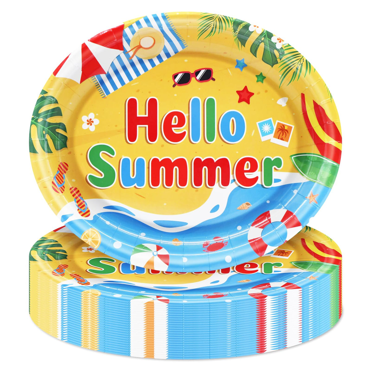 Temicle Hello Summer oval plates 9x11 with bold beach design for outdoor parties