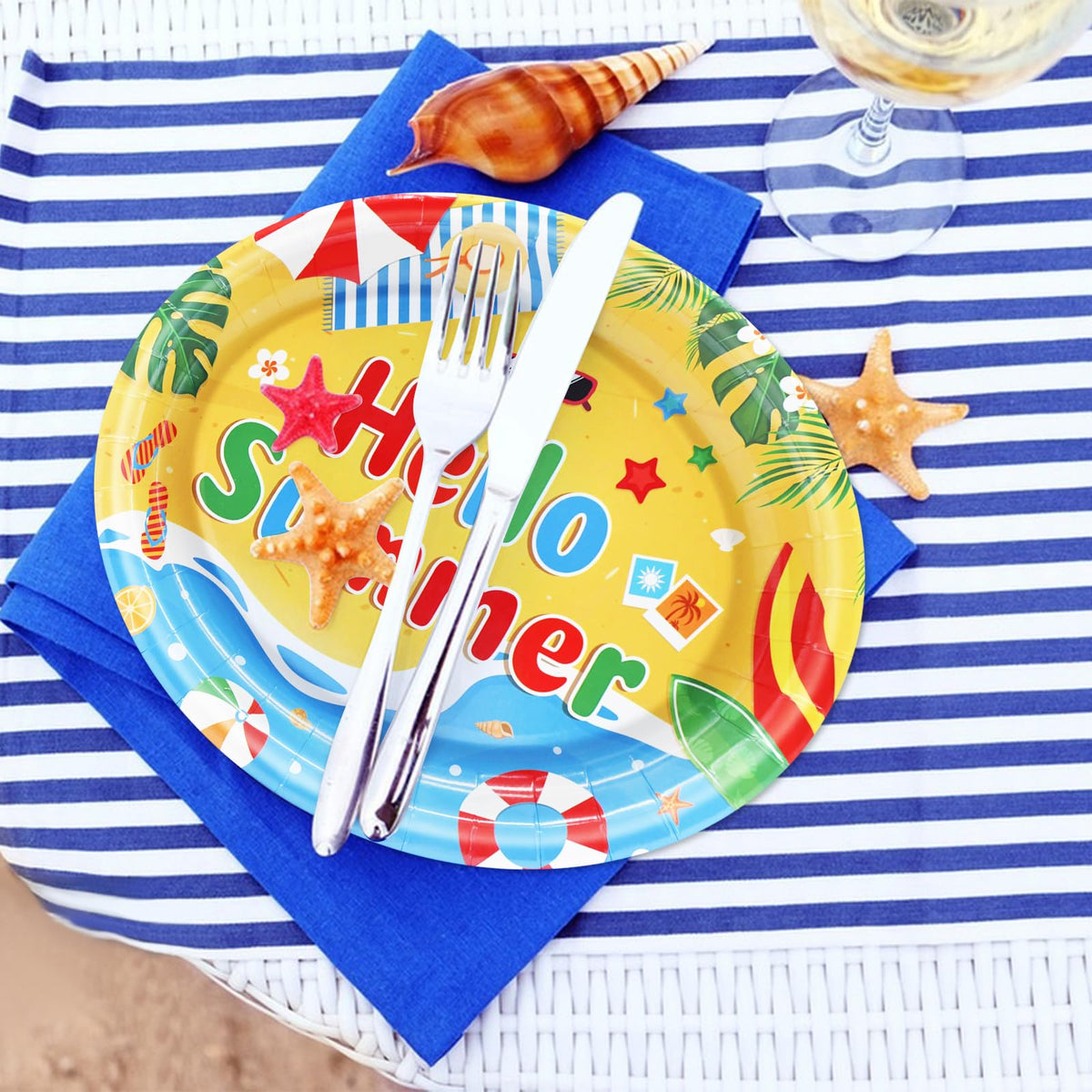 Temicle Hello Summer oval plates provide sturdy support for burgers and fruit