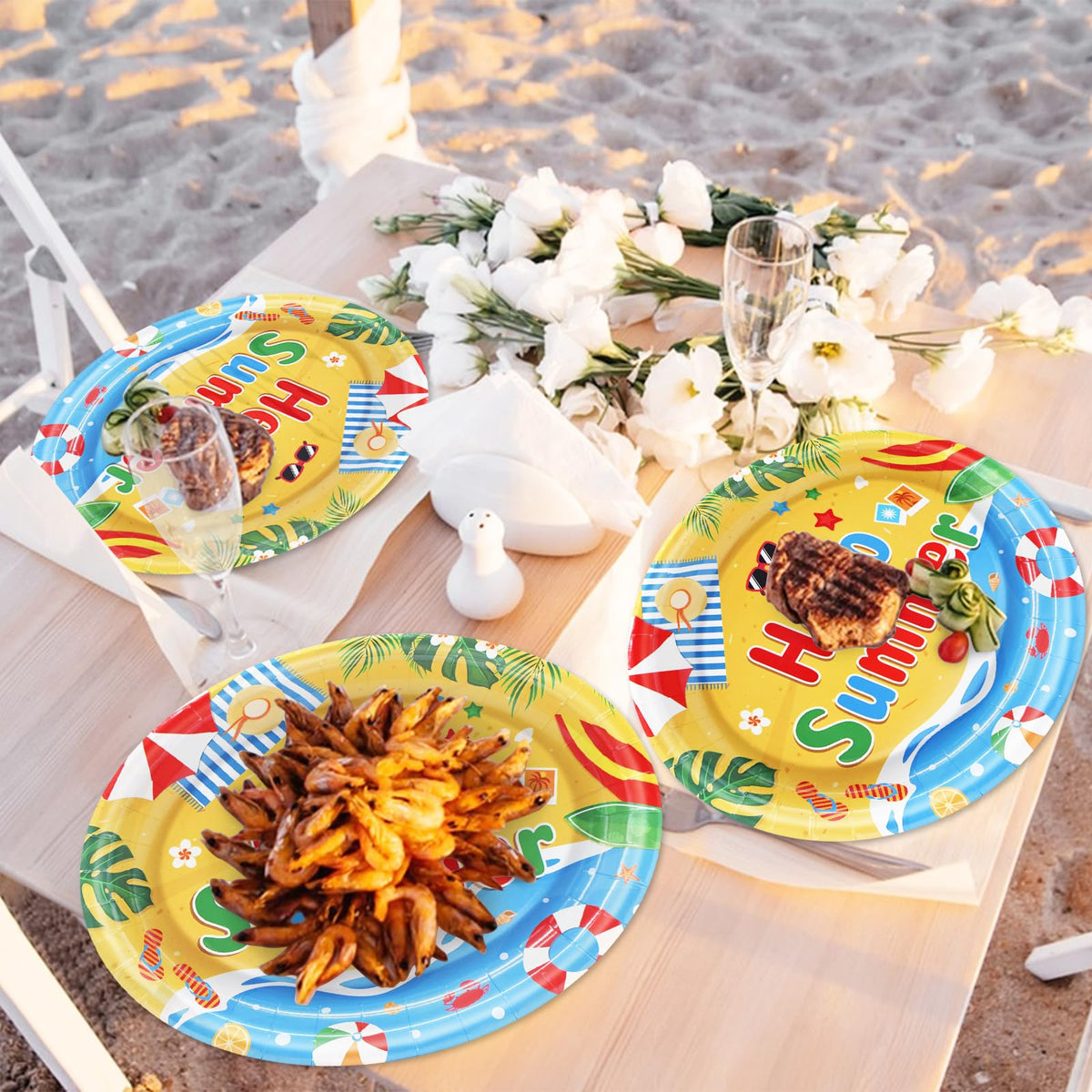 Temicle disposable plates designed for quick cleanup after beach-themed events