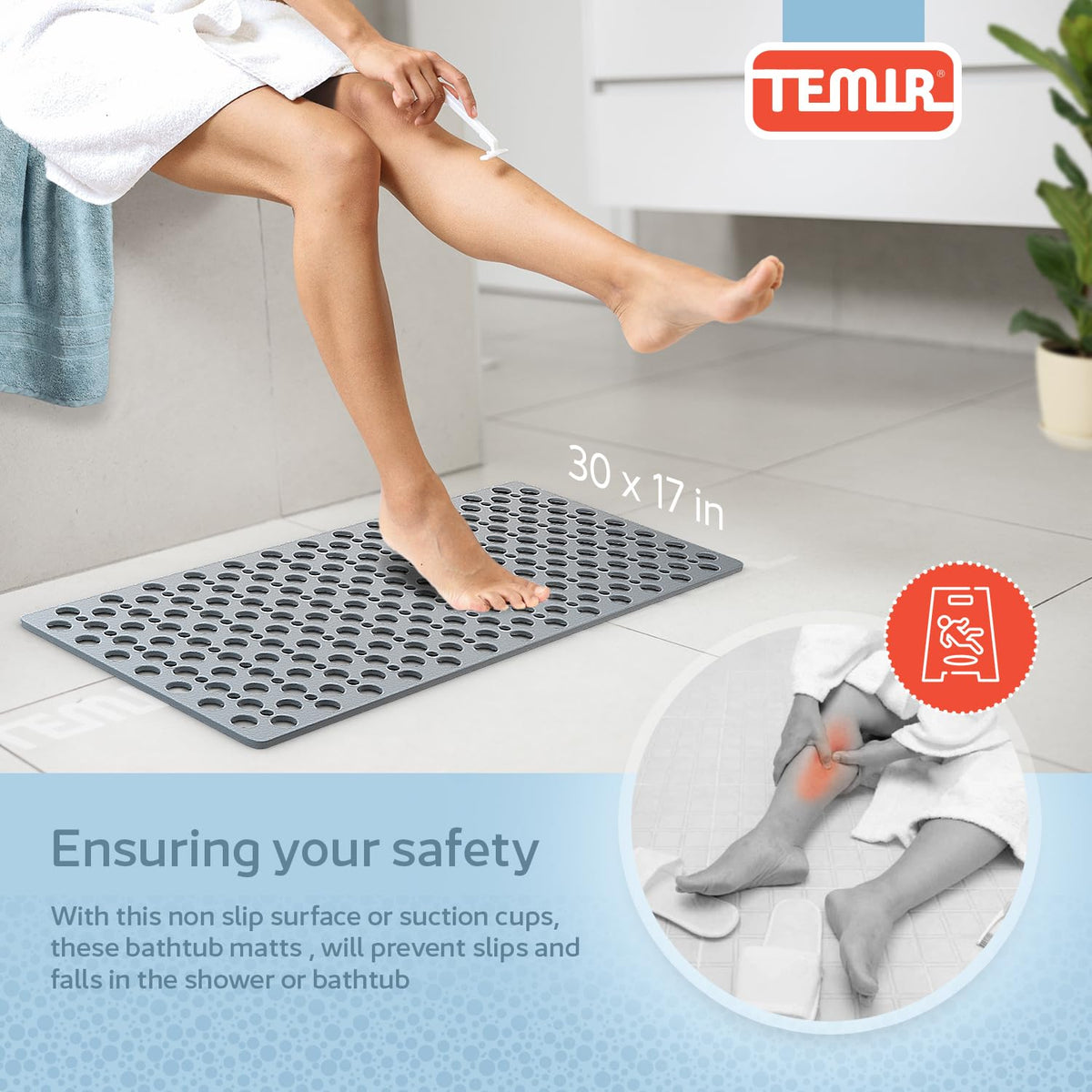 TEMIR bath mat with fast-drain holes to prevent water pooling