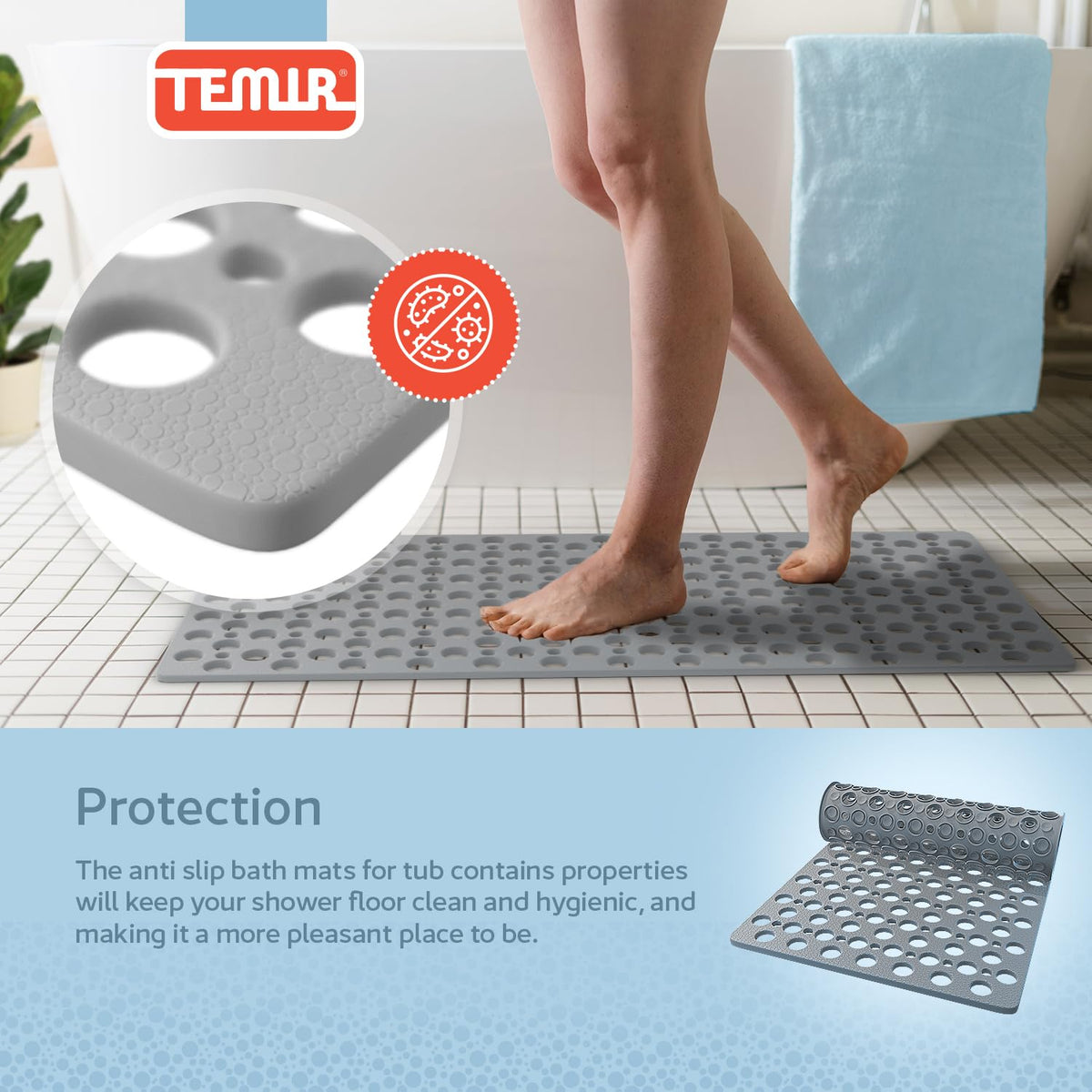 TEMIR gray mat blends with bathroom decor while improving safety