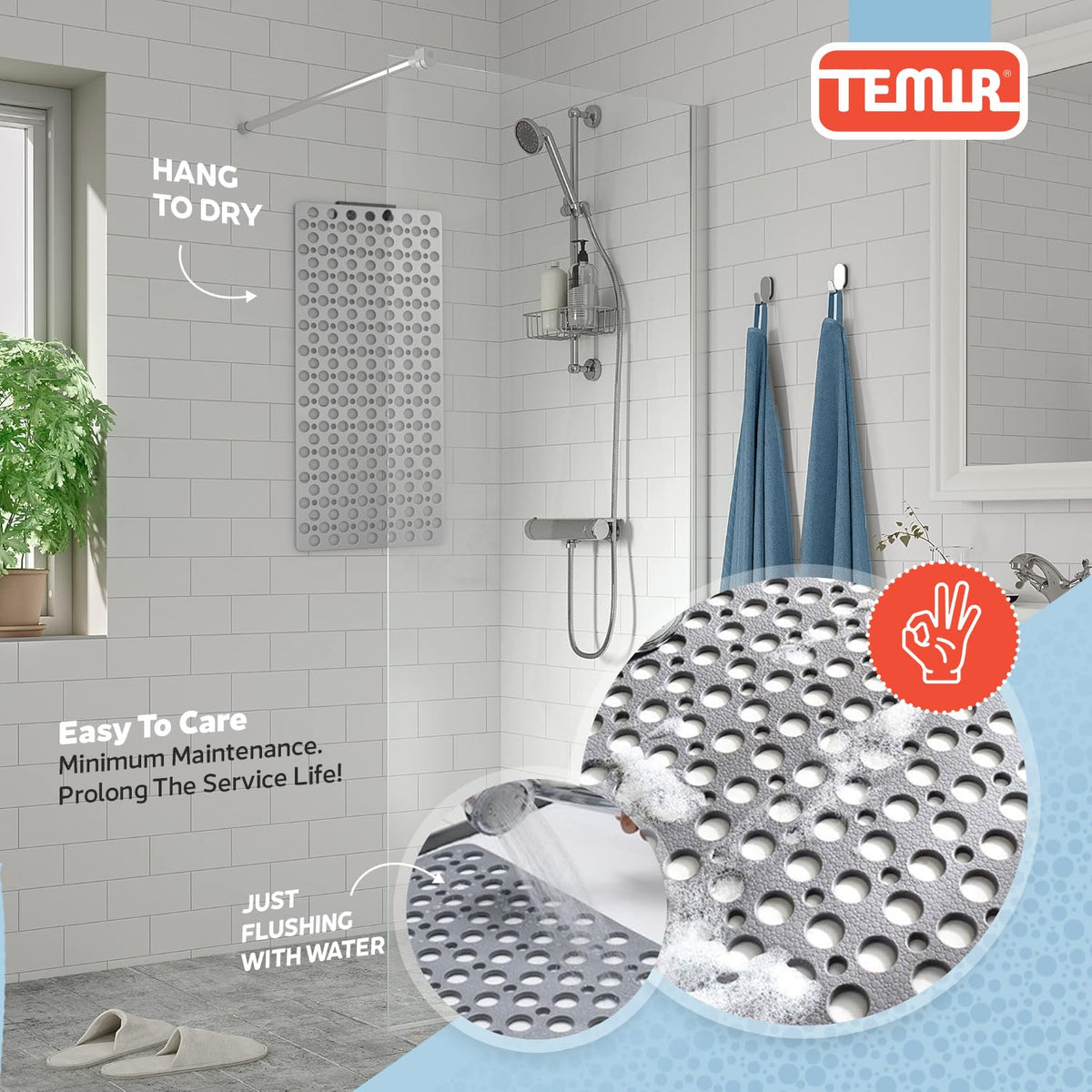 TEMIR mat fits most standard tubs and flat shower bases