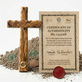 Temple Mount Soil cross in olive wood 8-inch for wall display.
