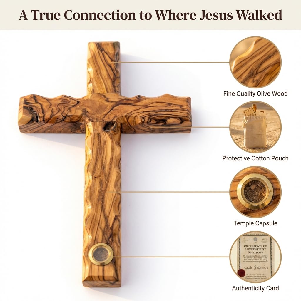 Temple Mount Soil olive wood texture enhances sacred decor.