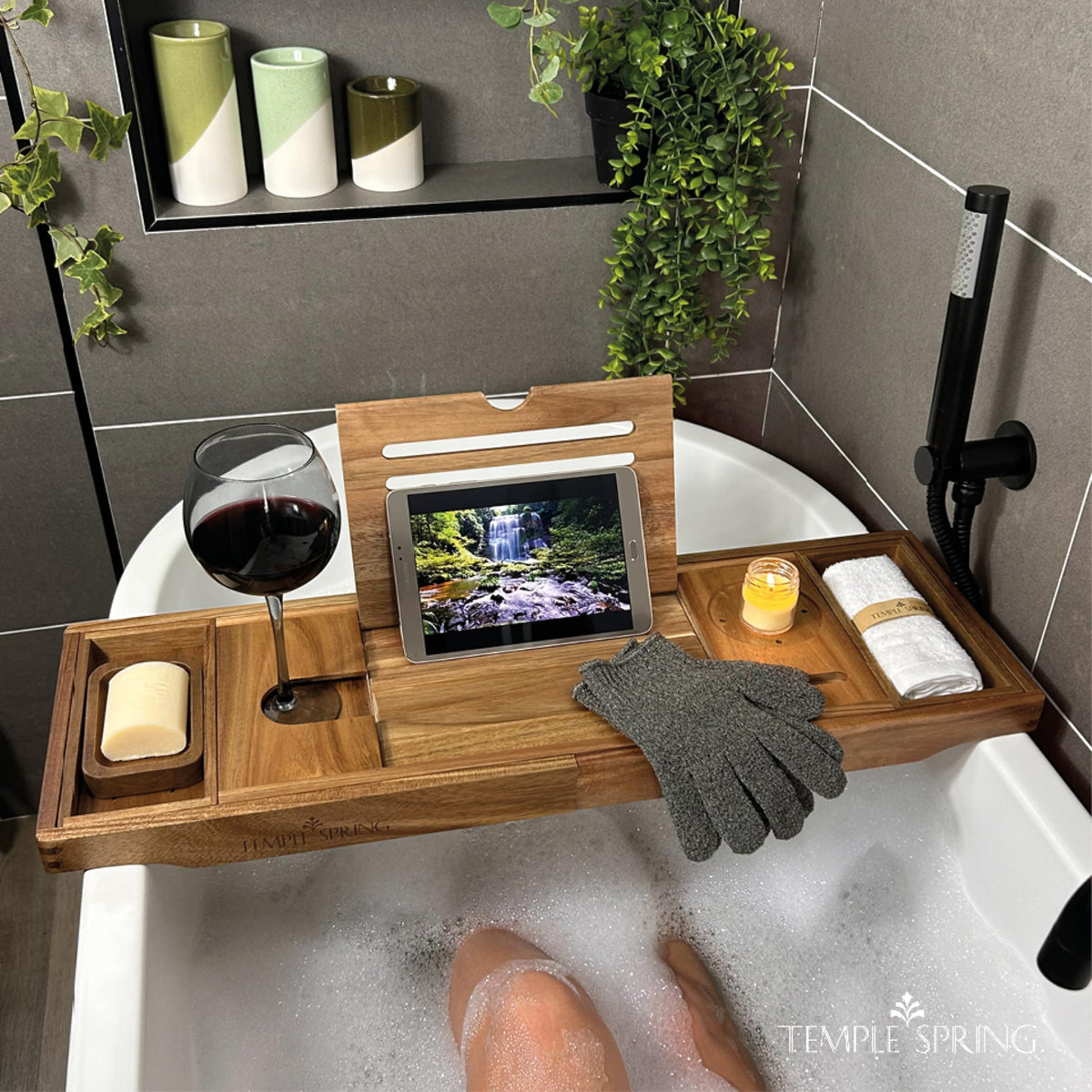Temple Spring acacia wood grain adds warmth to bath time.