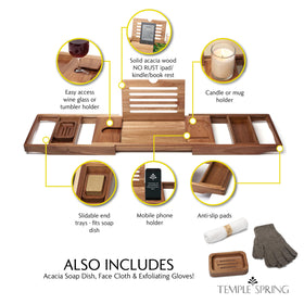 Temple Spring acacia bathtub tray book rest holds tablets at angle.