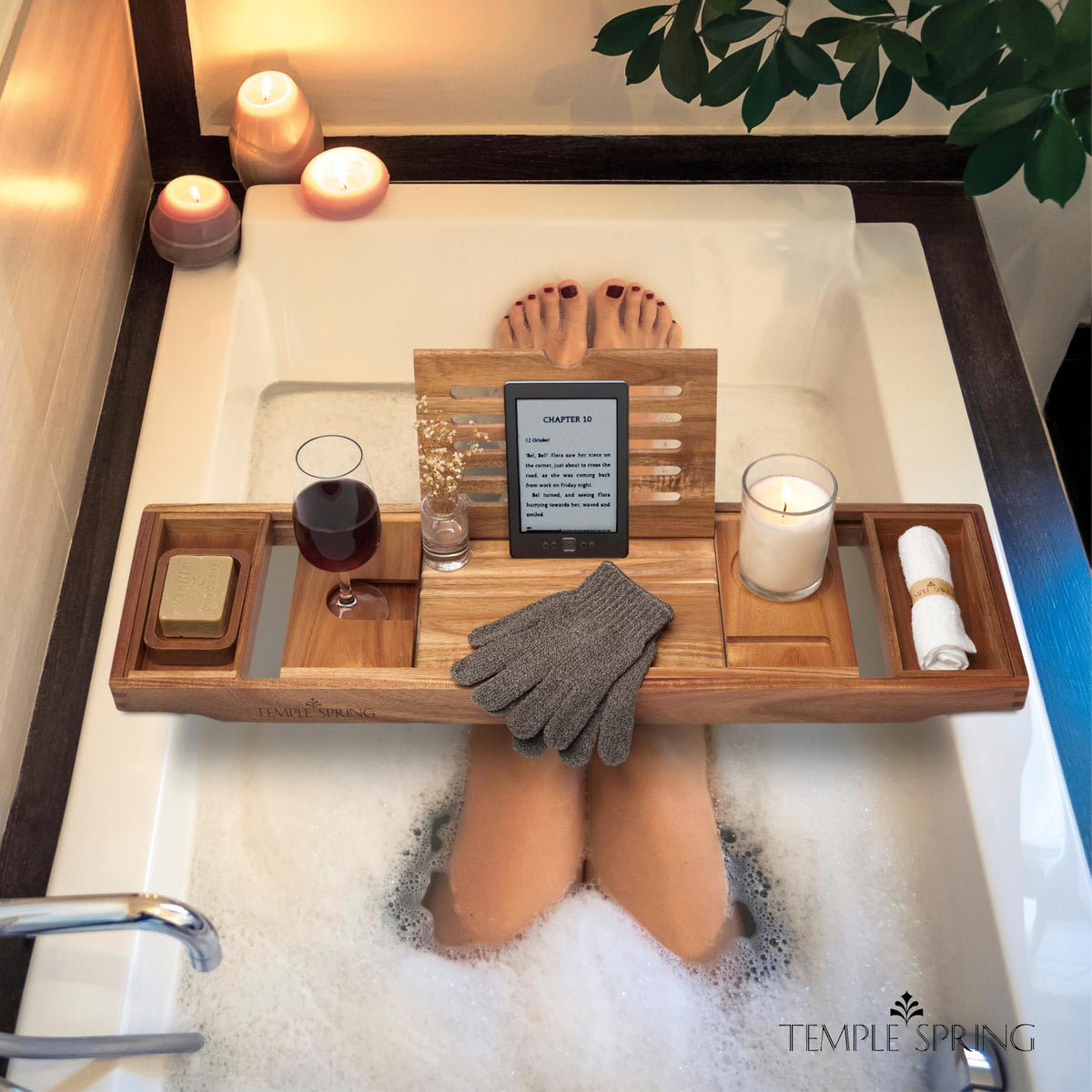 Temple Spring gift-ready acacia tub tray offers a luxe bath experience.