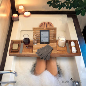 Temple Spring gift-ready acacia tub tray offers a luxe bath experience.