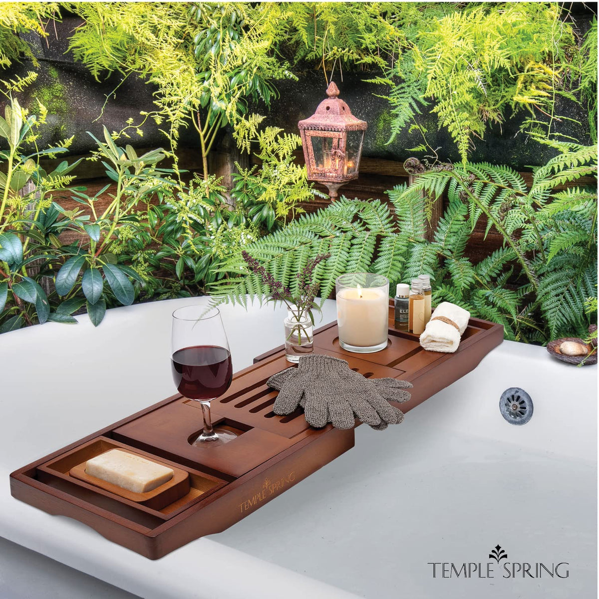Temple Spring bathtub tray features non-slip pads for stability on wet edges