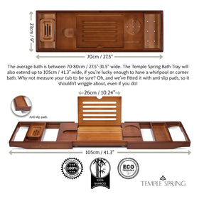 Temple Spring bamboo soap dish complements the bathtub tray setup