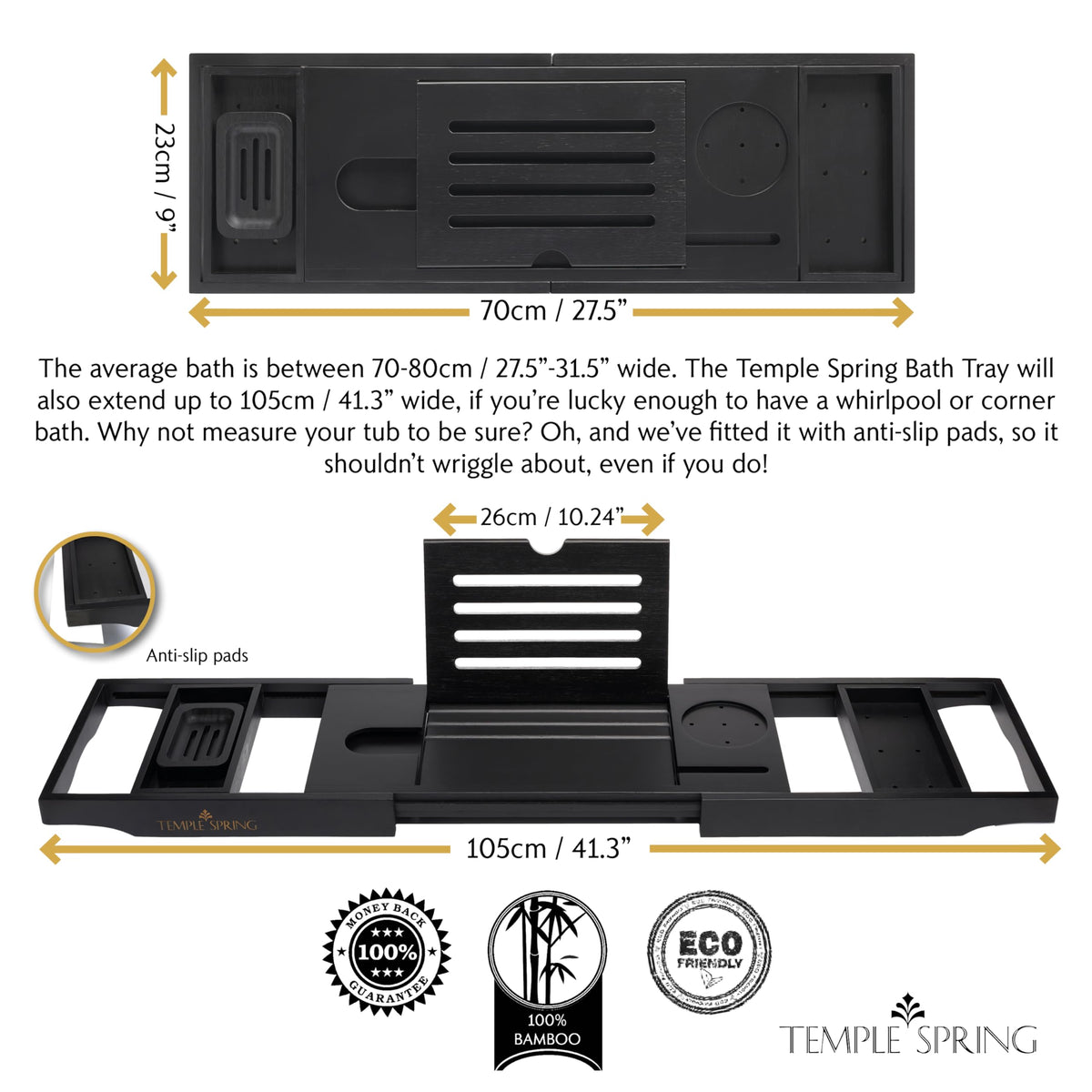Temple Spring tray includes wine holder for relaxing in the tub.