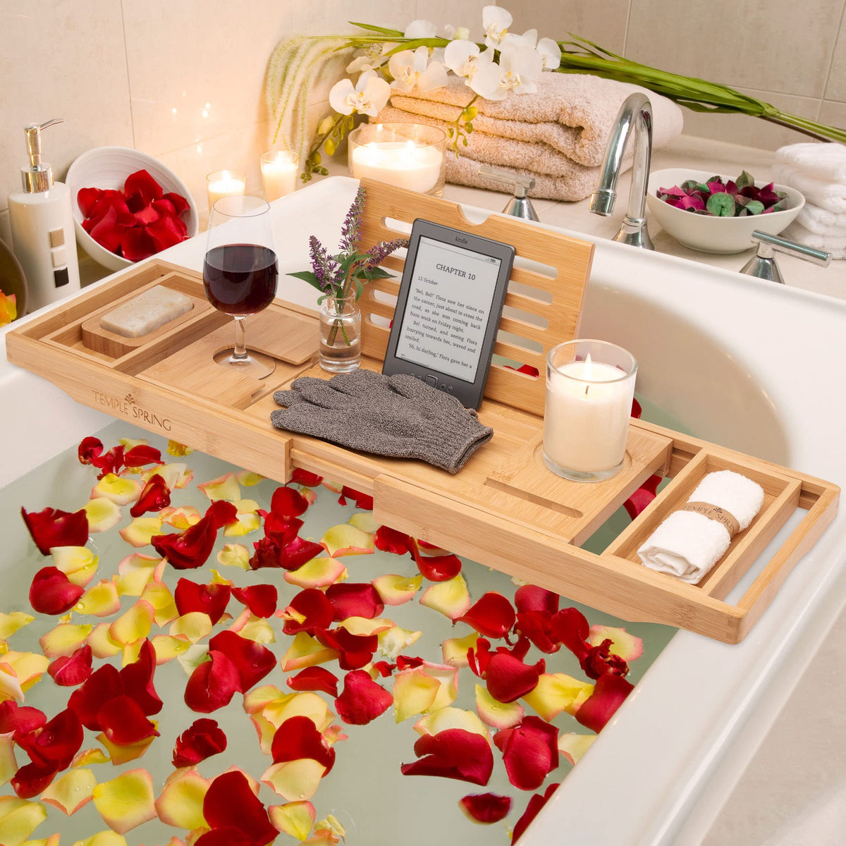 Exfoliating gloves from Temple Spring complete the bath skincare ritual.