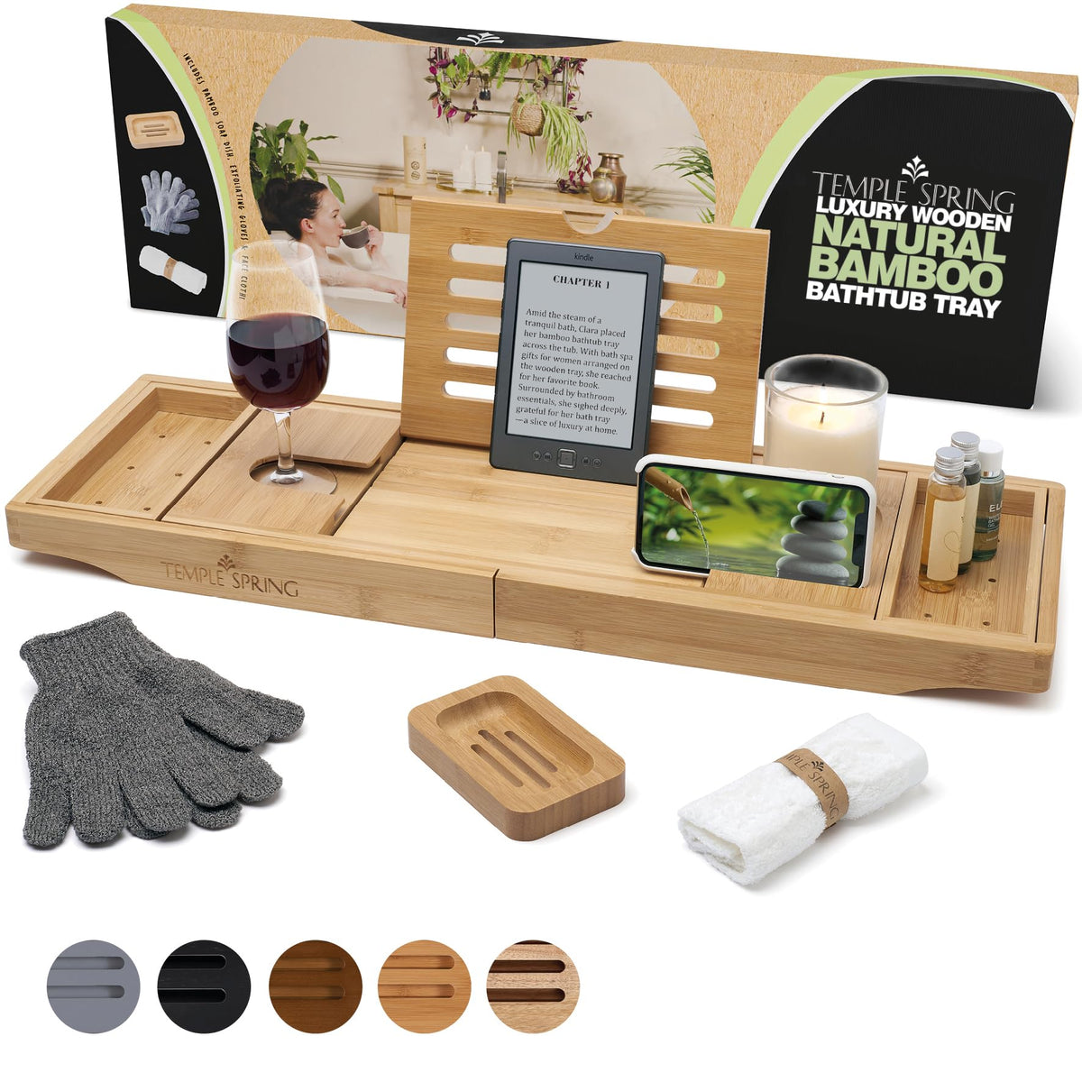 Temple Spring bamboo tub tray with extendable arms fits most tubs for a secure soak.