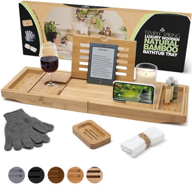 Temple Spring bamboo tub tray with extendable arms fits most tubs for a secure soak.