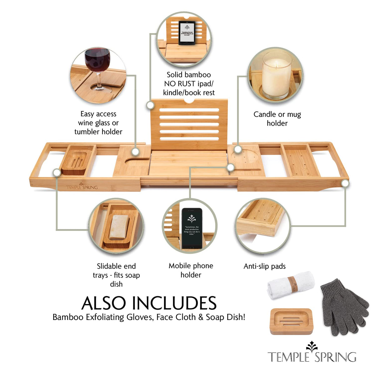 Temple Spring tub tray with wine holder keeps beverages within reach during a bath.