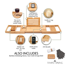 Temple Spring tub tray with wine holder keeps beverages within reach during a bath.