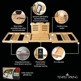 Temple Spring book/tablet stand provides comfortable viewing while relaxing in the tub.