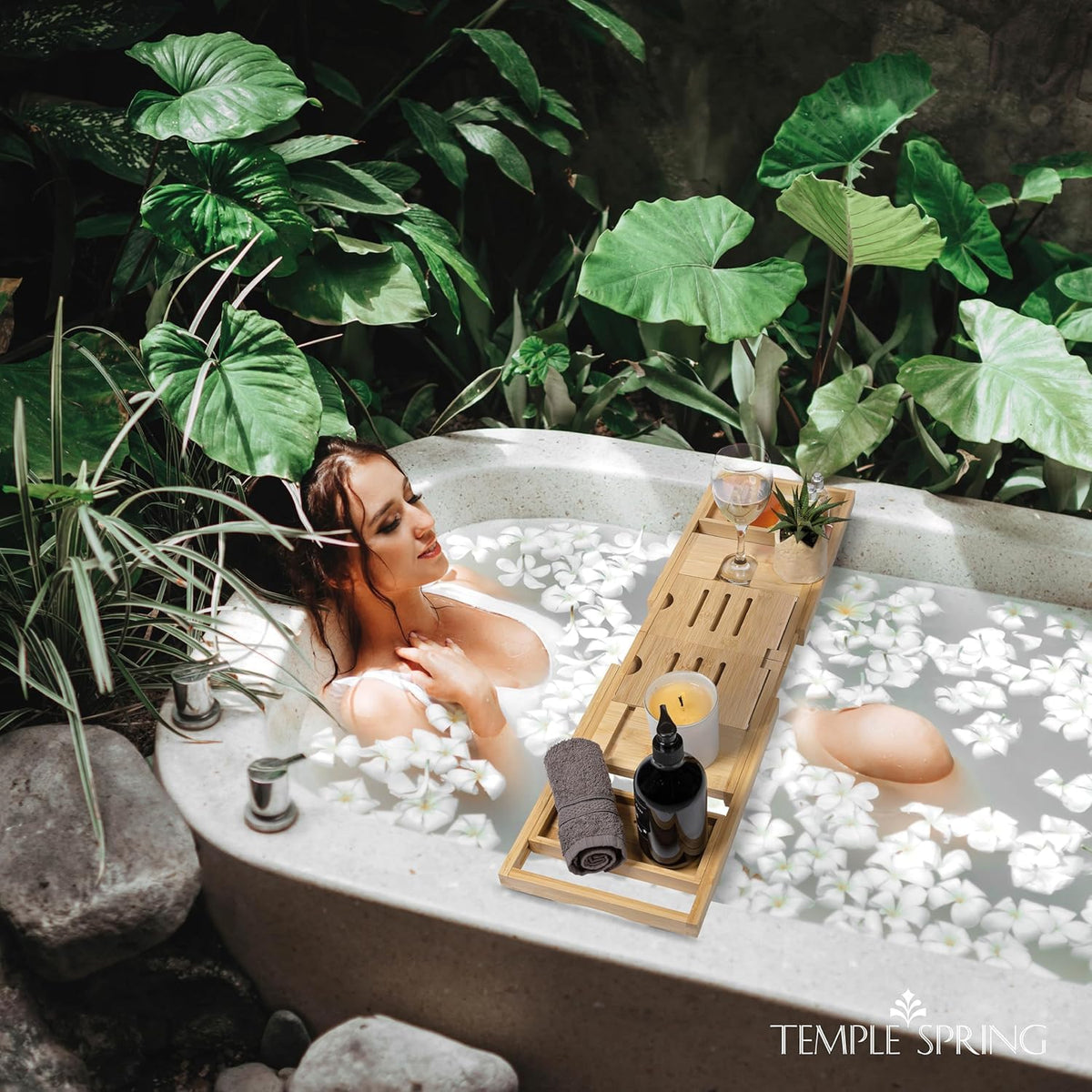 Temple Spring candle and snack compartments keep bath essentials organized.