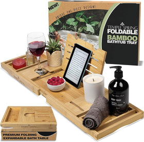 Temple Spring foldable bamboo tub tray extends securely across the tub for an easy soak.