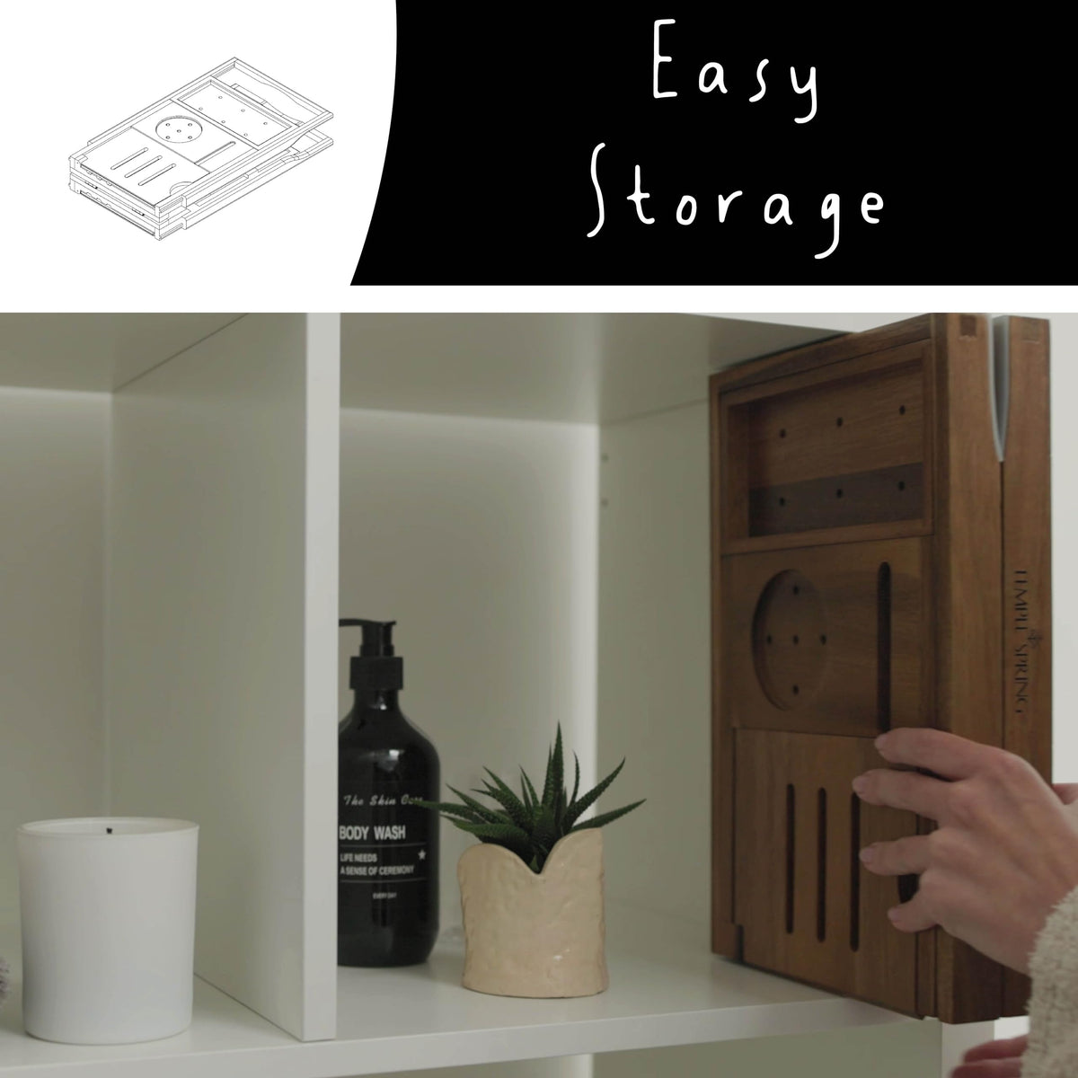 Temple Spring foldable bathtub tray folded compactly for easy storage and quick setup.
