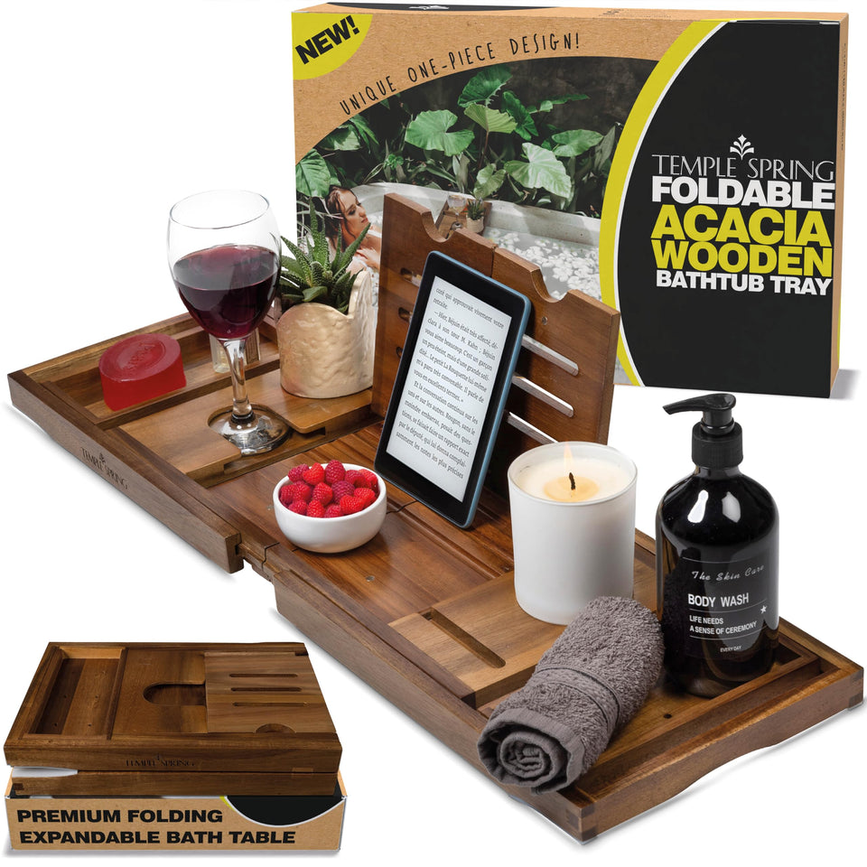 Temple Spring foldable bathtub tray open, showing wine holder and candle space for a spa-like bath.