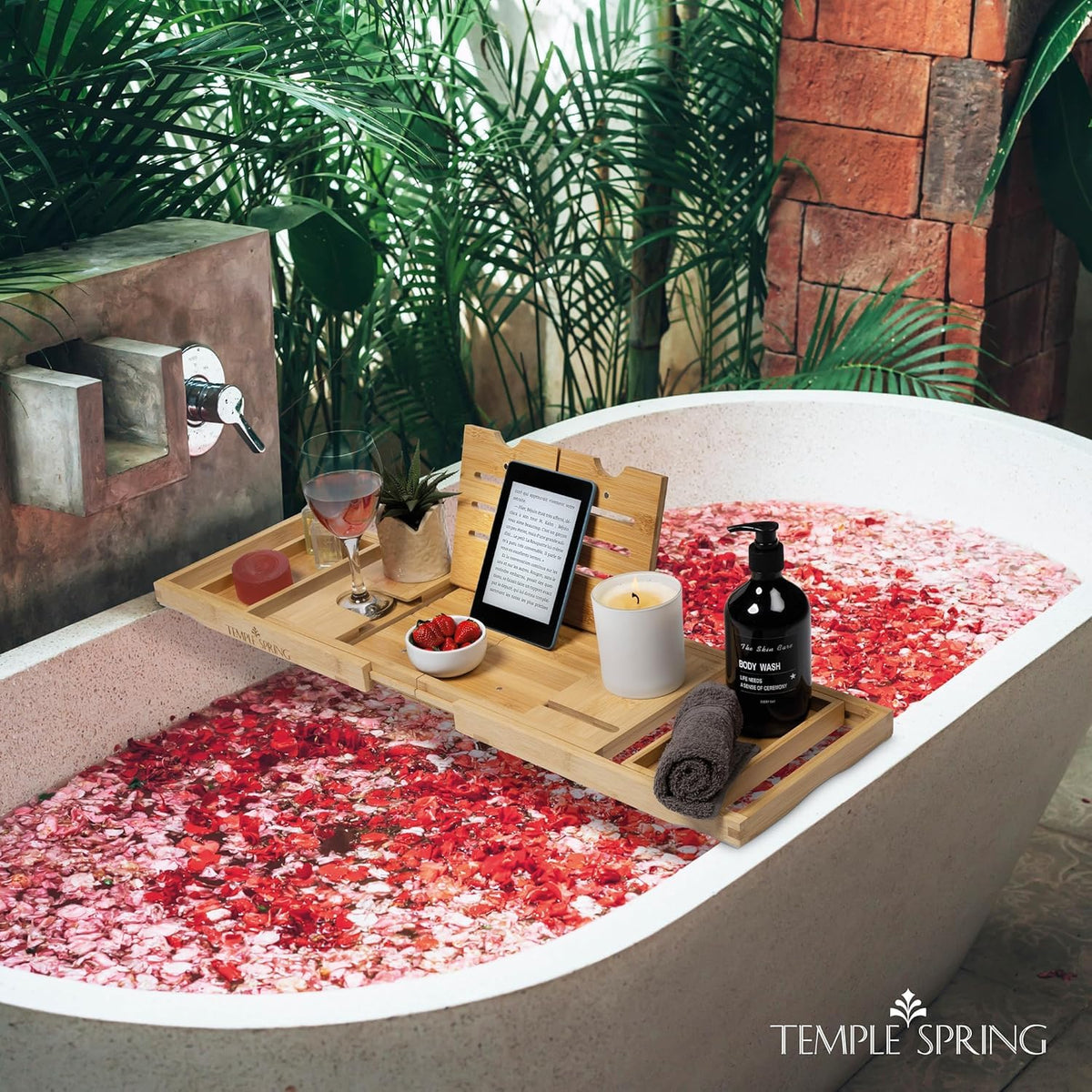 Temple Spring wine glass holder keeps a drink within reach during baths.