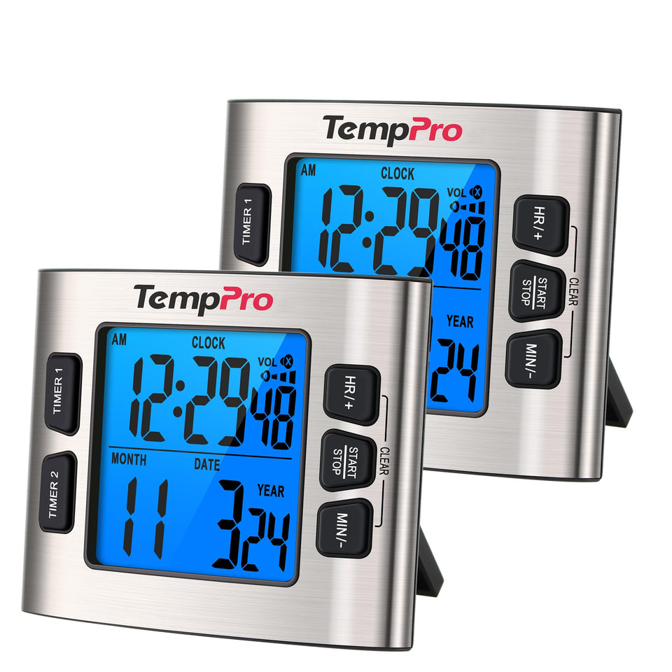 TempPro TM02 dual timer display for cooking and study sessions.