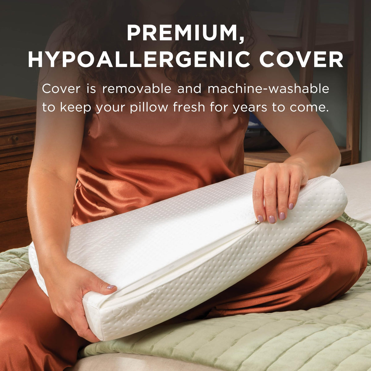 Tempur-Pedic neck pillow care scene showing easy cleaning